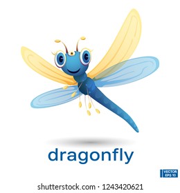 Vector cute cartoon blue dragonfly character with big eyes.