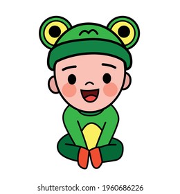 Vector cute cartoon of boy wearing a frog costume. He is sitting and smiling happily.