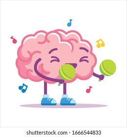 Vector Cute Cartoon Brain Celebrating with Maracas Isolated