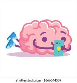 Vector Cute Cartoon Brain Using a Phone Isolated