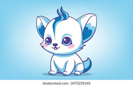 Vector cute cartoon bright white and blue unusual little animal. Big eared kind friendly smiling puppy or kitten. Kawaii baby pet.