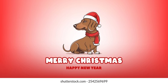 Vector cute cartoon brown sitting turned around dachshund dog in red scarf and Santa Claus hat. Merry Christmas and Happy New Year. Greeting card, holiday flyer.