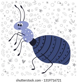 Vector cute cartoon bug or beetle - ant, flat and doodles, scandinavian style. Isolated object on white background. Ideal for print, greeting card, nursery poster 
