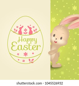 Vector cute cartoon bunny and signboard on the green background with floral pattern. Festive banner with text Happy Easter and holiday symbols for design of greeting cards and invitations.