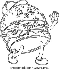 a vector of a cute cartoon burger in black and white colouring
