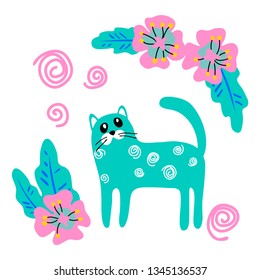 vector cute cartoon cat with flowers on white