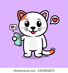 Vector cute cartoon cat, holding a cell phone.
