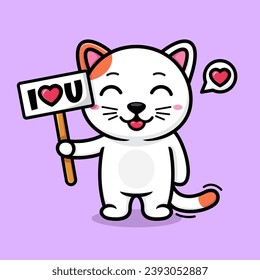 Vector cute cartoon cat, holding a board I love you.