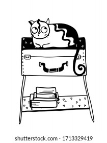 vector cute cartoon cat on the bedside table with books