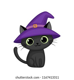 Vector cute cartoon cat in witch hat