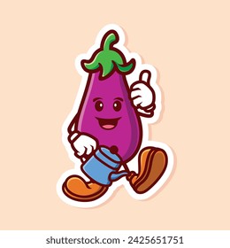 vector cute cartoon character of eggplant watering isolated