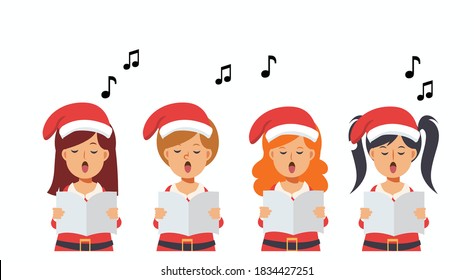 Vector of cute Cartoon character , group of girls are singing Christmas carols. Merry christmas. illustrations Isolated on white background.