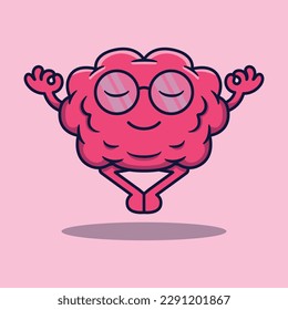 Vector cute cartoon character of intelligent human brain with glasses meditating