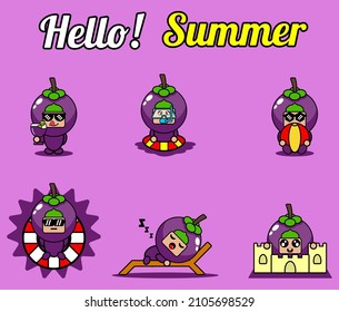 vector cute cartoon character mangosteen fruit mascot costume set collection hello summer bundle