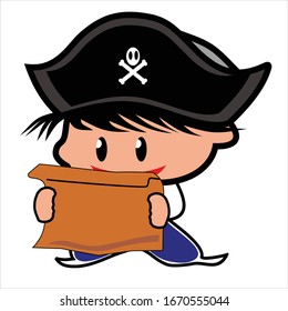Vector cute cartoon character of a pirate girl looking at a map