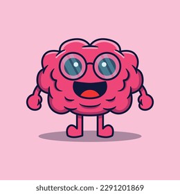 El personaje de dibujos animados vectoriales adorables del cerebro humano inteligente con gafas