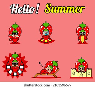 vector cute cartoon character strawberry fruit mascot costume set collection hello summer bundle