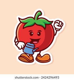 vector cute cartoon character of tomato watering isolated