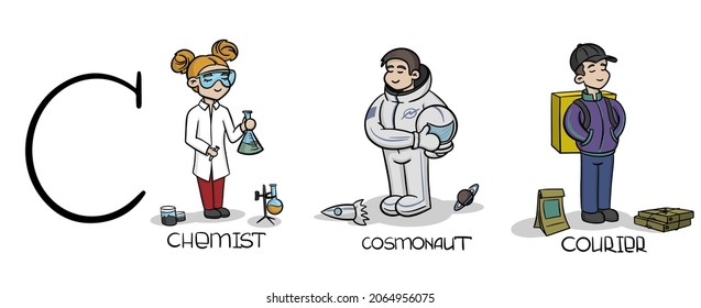 Vector cute cartoon characters with attributes in profession on letter C: Chemist girl, Cosmonaut, Courier