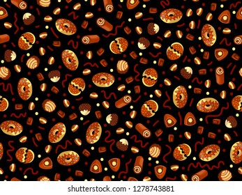 Vector cute cartoon chocolate candy pattern. Cute chocolate candies seamless pattern. Candy, chocolate bar, sweet desserts on cute cartoon pattern