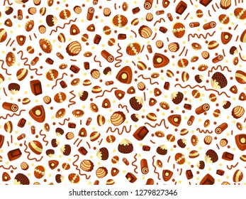 Vector cute cartoon chocolate candy pattern. Cute chocolate candies seamless pattern. Candy, chocolate bar, sweet desserts on cute cartoon pattern