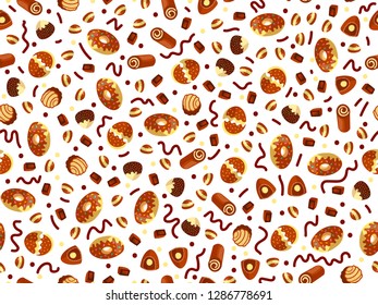 Vector cute cartoon chocolate candy pattern. Cute chocolate candies seamless pattern. Candy, chocolate bar, sweet desserts on cute cartoon pattern