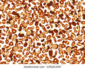 Vector cute cartoon chocolate candy pattern. Cute chocolate candies seamless pattern. Candy, chocolate bar, sweet desserts on cute cartoon pattern