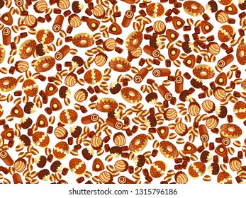 Vector cute cartoon chocolate candy pattern. Cute chocolate candies seamless pattern. Candy, chocolate bar, sweet desserts on cute cartoon pattern