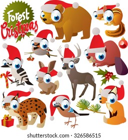 Vector cute cartoon christmas animals set: santa bear, woodpecker, chipmunk, waxwing, deer, beaver, hare, lynx, fox,  jay