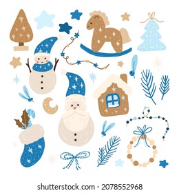 Vector cute cartoon christmas elements Santa Claus and snowman, house and toy horse.