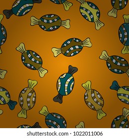 Vector. Cute cartoon colorful seamless vector pattern with candies and cotton candy. Candies on yellow, black and brown colors.