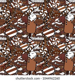 Vector. Cute cartoon colorful seamless vector pattern with candies and cotton candy. Candies on brown, white and black colors.