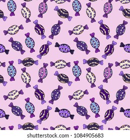 Vector. Cute cartoon colorful seamless vector pattern with candies and cotton candy. Candies on neutral, violet, black, beige and white colors.