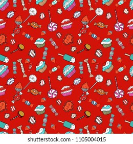 Vector. Cute cartoon colorful seamless vector pattern with candies and cotton candy. Candies on red, white and black colors.