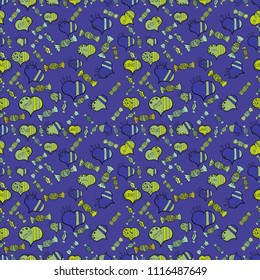 Vector. Cute cartoon colorful seamless vector pattern with candies and cotton candy. Candies on violet, green and black colors.