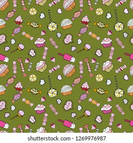 Vector. Cute cartoon colorful seamless vector pattern with candies and cotton candy. Candies on green, white and neutral colors.