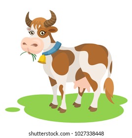 Vector cute cartoon cow eating grass farm animal illustration