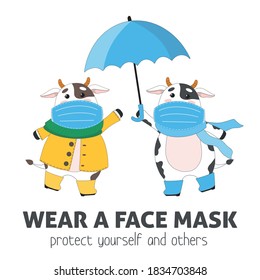 Vector cute cartoon cows or bulls, symbol of new 2021 year. Animals in blue medicine masks. Banner with text to wear a mask. Isolated on white background