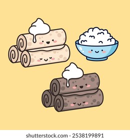 Vector cute cartoon crepes with whipped cream and rice bowl