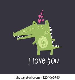 Vector cute cartoon crocodile. I love you text. Baby stylish illustration, nursery wallpaper.