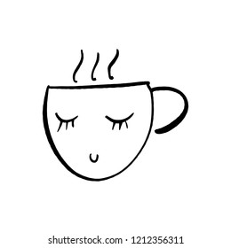 Vector cute cartoon cup of tea or coffee. Line sketch illustration. Logo, print for design cafe menu and more. Isolated on white background