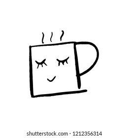 Vector cute cartoon cup of tea or coffee. Line sketch illustration. Logo, print for design cafe menu and more. Isolated on white background