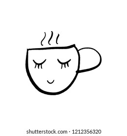 Vector cute cartoon cup of tea or coffee. Line sketch illustration. Logo, print for design cafe menu and more. Isolated on white background