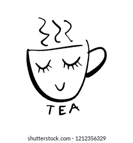 Vector cute cartoon cup of tea or coffee. Line sketch illustration. Logo, print for design cafe menu and more. Isolated on white background