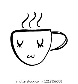 Vector cute cartoon cup of tea or coffee. Line sketch illustration. Logo, print for design cafe menu and more. Isolated on white background