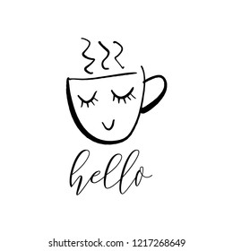 Vector cute cartoon cup of tea or coffee. Line sketch illustration. Logo, print for design cafe menu and more. Isolated on white background