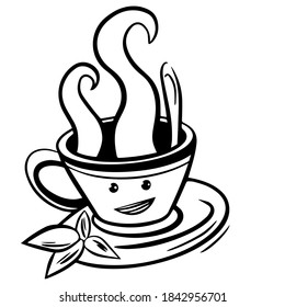 Vector cute cartoon cup of tea or coffee. Line sketch illustration. Logo, print for design cafe menu and more. Isolated on white background