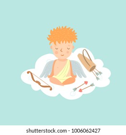 Vector cute cartoon cupid sitting in meditation pose. All objects are conveniently grouped and easily editable.