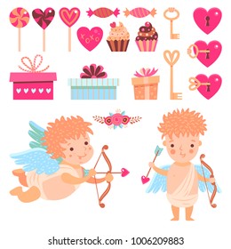 Vector cute cartoon cupids and decor for Valenines day . All objects are conveniently grouped and easily editable.