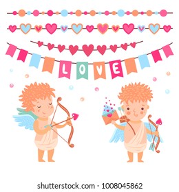 Vector cute cartoon cupids and decor for Valenines day . All objects are conveniently grouped and easily editable.